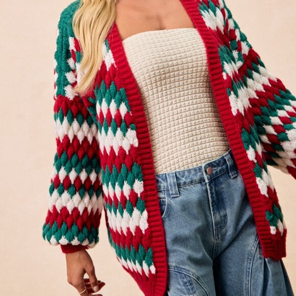 BIBI Christmas Chunky Knit Red Green White Cardigan - Picture 13 of 14